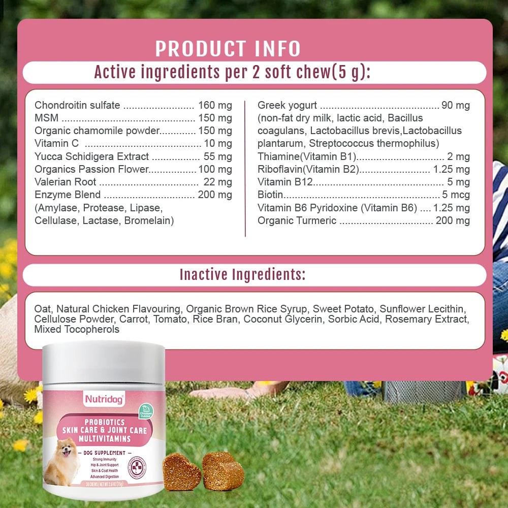 NUTRIDOG Multivitamin Chews for Dogs with Probiotics Glucosamine&Digestive Enzymes Supports Joint Health Immune System&Gut