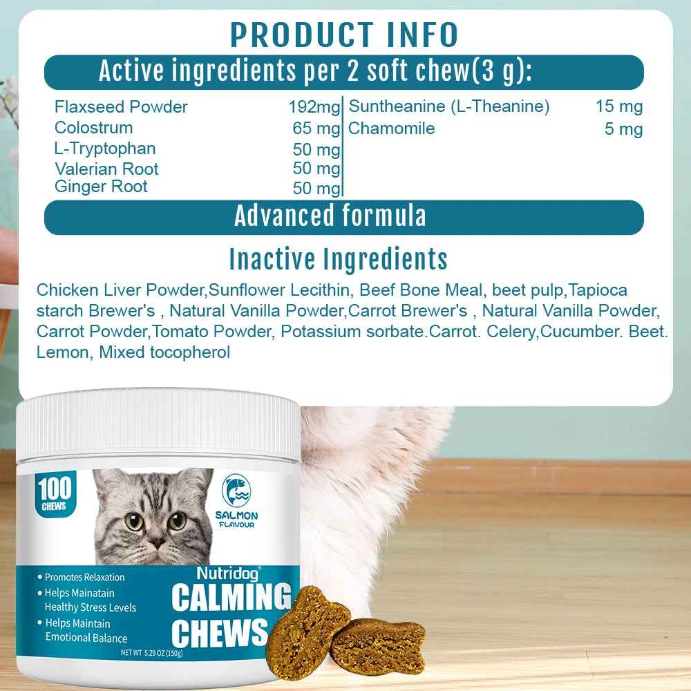 NUTRIDOG Cat Calming Chews Promote Cats Relaxation Moods Calmer Relieve Stress Effects Maintain Emotional Balance 100 PCS/Bottle