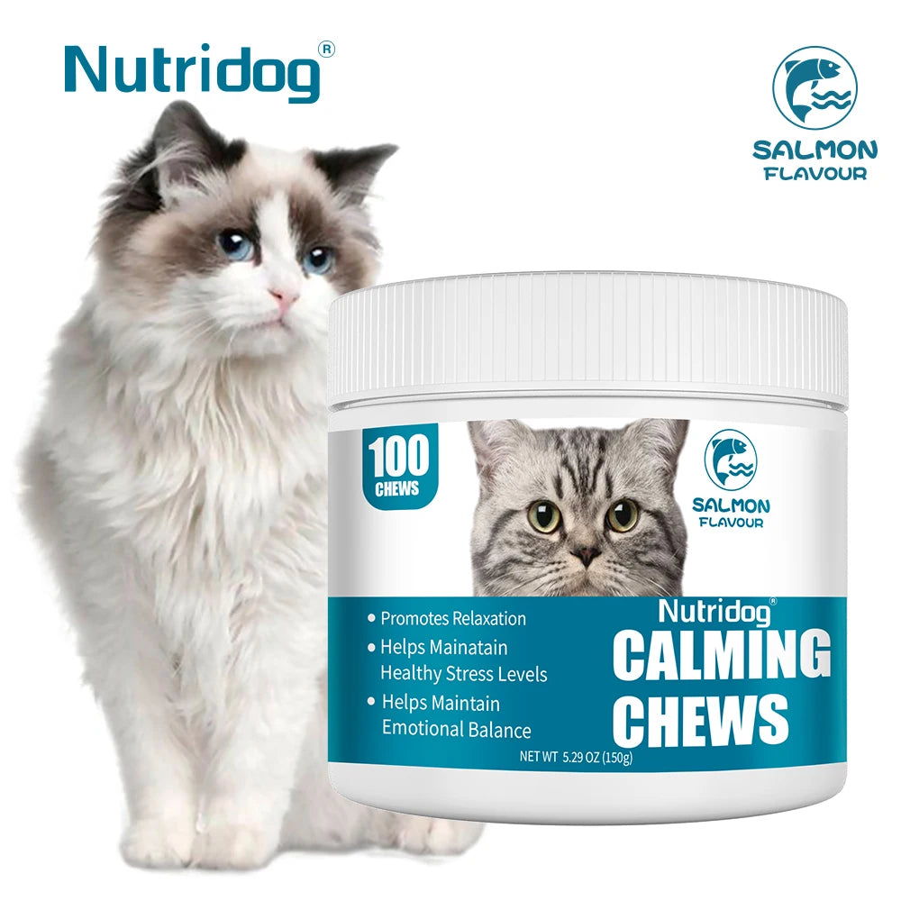 NUTRIDOG Cat Calming Chews Promote Cats Relaxation Moods Calmer Relieve Stress Effects Maintain Emotional Balance 100 PCS/Bottle