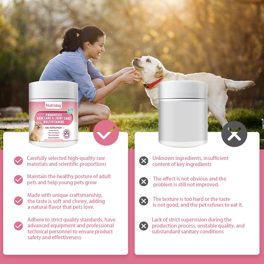 NUTRIDOG Multivitamin Chews for Dogs with Probiotics Glucosamine&Digestive Enzymes Supports Joint Health Immune System&Gut