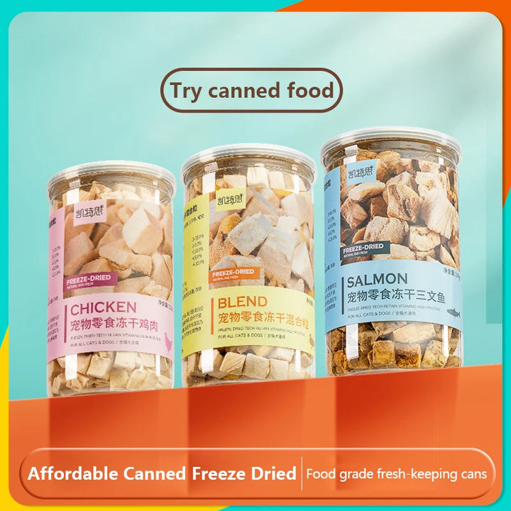 Pet snacks canned freeze-dried chicken, duck, beef, three texts cod quail eggs, yellow eggs, cats and dogs freeze-dried.