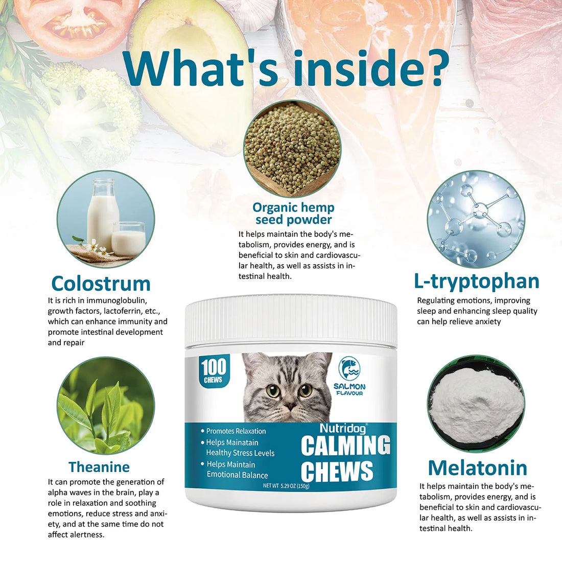 NUTRIDOG Cat Calming Chews Promote Cats Relaxation Moods Calmer Relieve Stress Effects Maintain Emotional Balance 100 PCS/Bottle