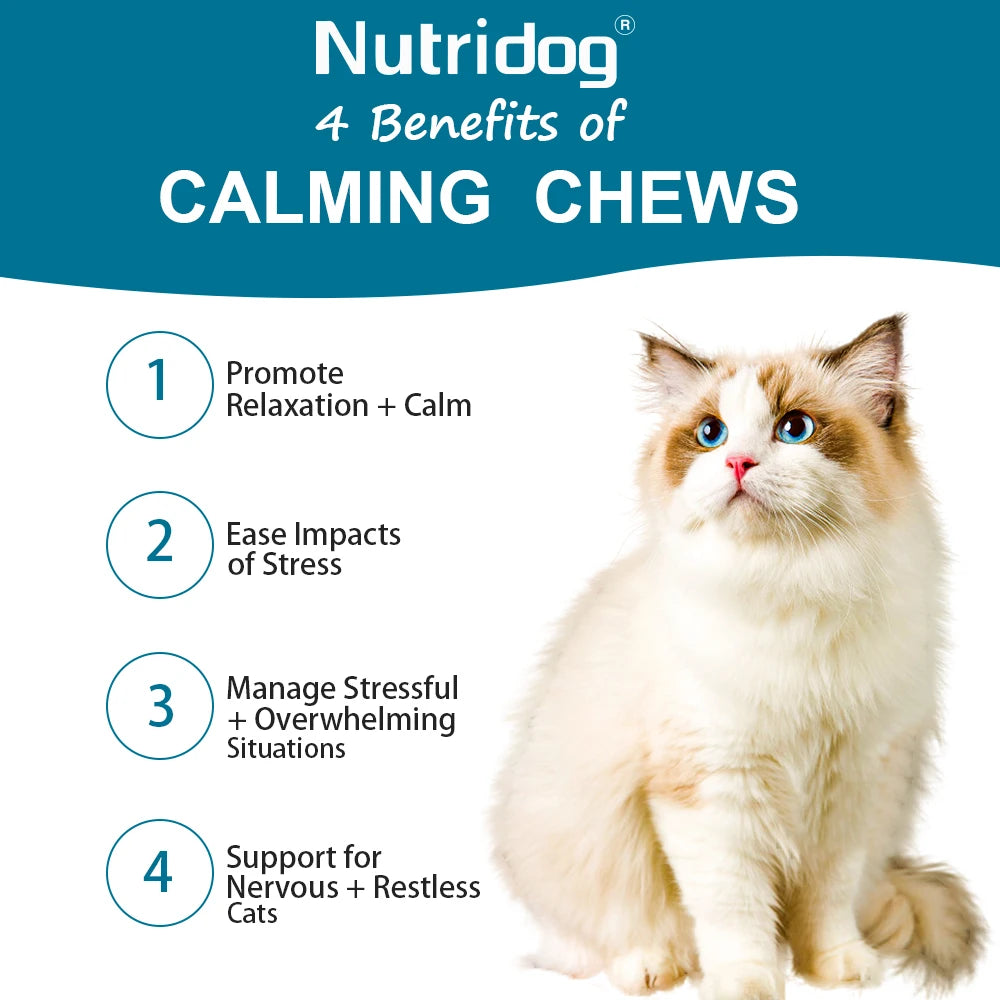 NUTRIDOG Cat Calming Chews Promote Cats Relaxation Moods Calmer Relieve Stress Effects Maintain Emotional Balance 100 PCS/Bottle