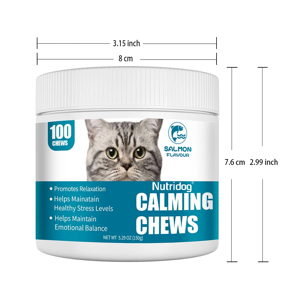 NUTRIDOG Cat Calming Chews Promote Cats Relaxation Moods Calmer Relieve Stress Effects Maintain Emotional Balance 100 PCS/Bottle