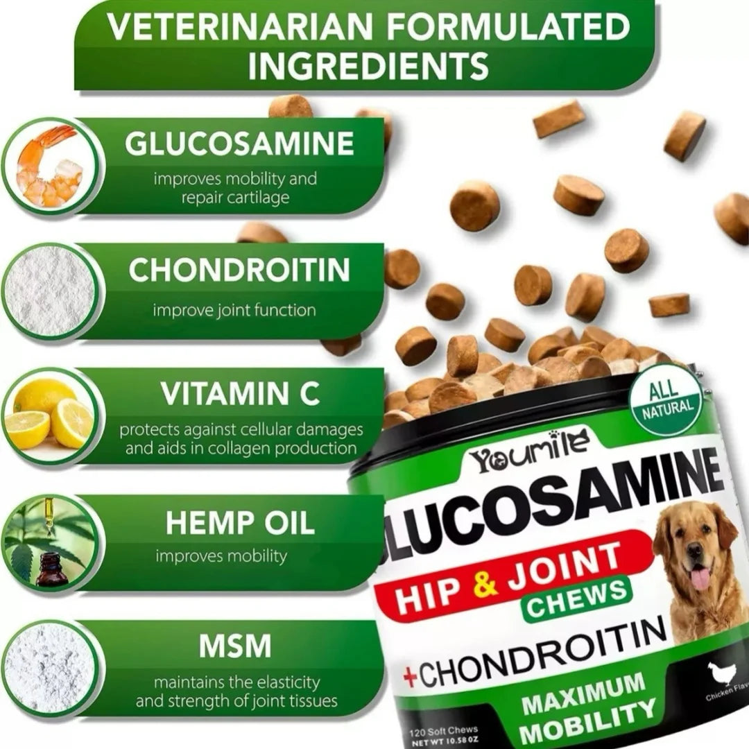 【120 Chews】Hip&Joint Chondroitin Chewable Tablets for Dogs - Calcium Supplementation/Cartilage Repair/Pain Relief/