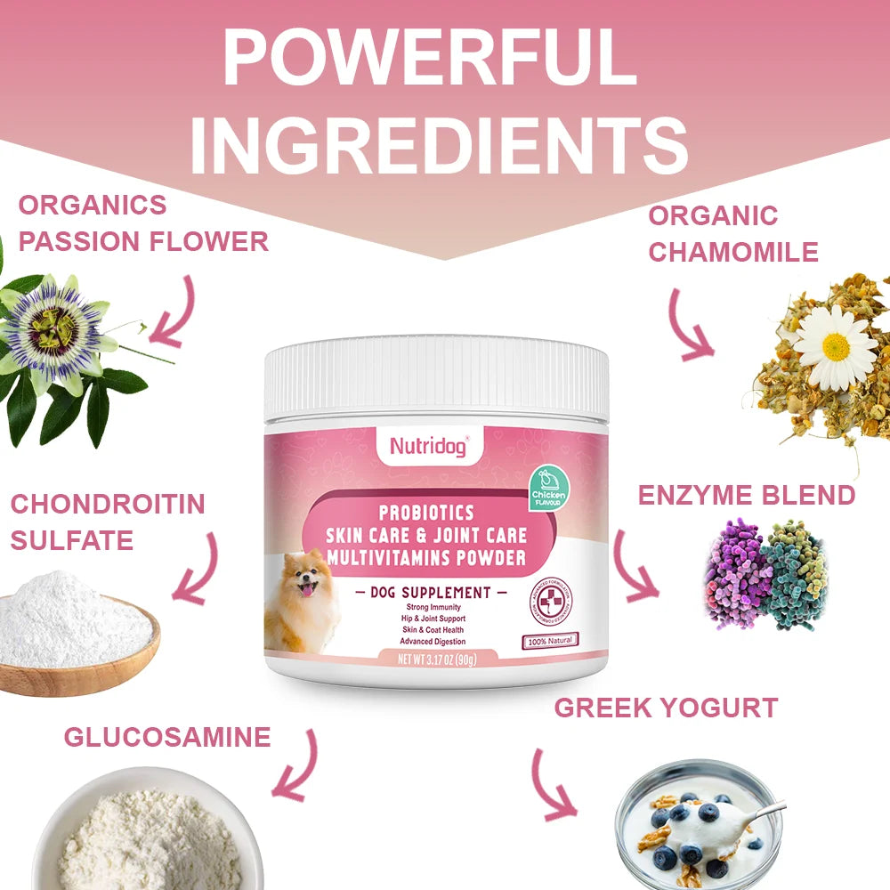 Dog Multivitamin Powder with Probiotics, Glucosamine & Digestive Enzymes, Immune System & Gut,Supports Joint Health（chicken）