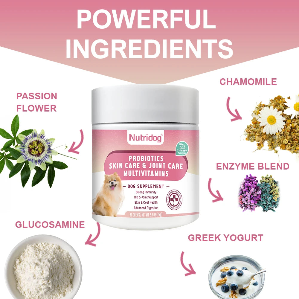 NUTRIDOG Multivitamin Chews for Dogs with Probiotics Glucosamine&Digestive Enzymes Supports Joint Health Immune System&Gut